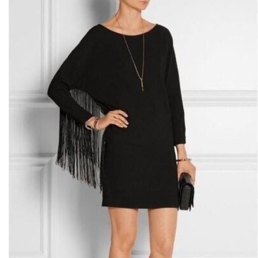 Maje Rodeo black crepe fringed long sleeve mini dress size 1 or US size S